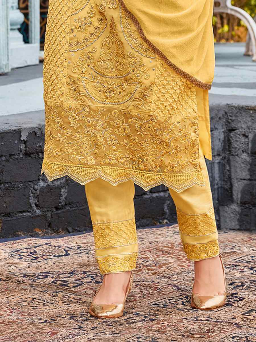 Yellow Heavy Faux Georgette Embroidered Party Festival Pant Salwar Kameez