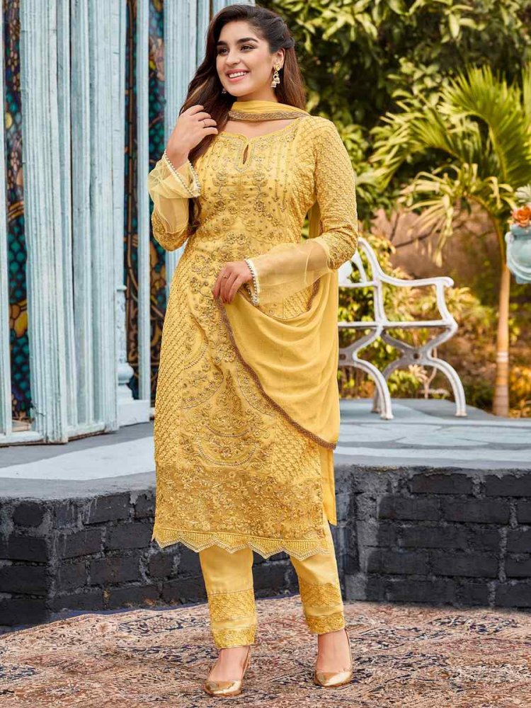 Yellow Heavy Faux Georgette Embroidered Party Festival Pant Salwar Kameez