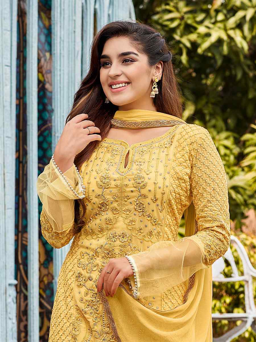 Yellow Heavy Faux Georgette Embroidered Party Festival Pant Salwar Kameez