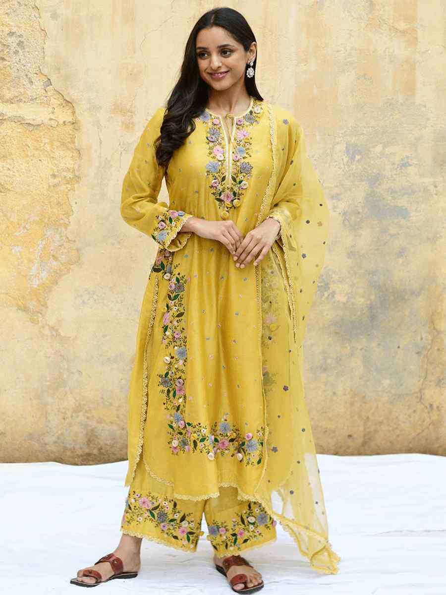 Yellow Heavy Faux Georgette Embroidered Party Wedding Ready Pant Salwar Kameez