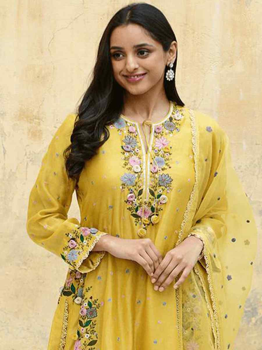 Yellow Heavy Faux Georgette Embroidered Party Wedding Ready Pant Salwar Kameez
