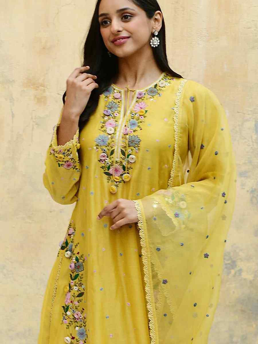 Yellow Heavy Faux Georgette Embroidered Party Wedding Ready Pant Salwar Kameez