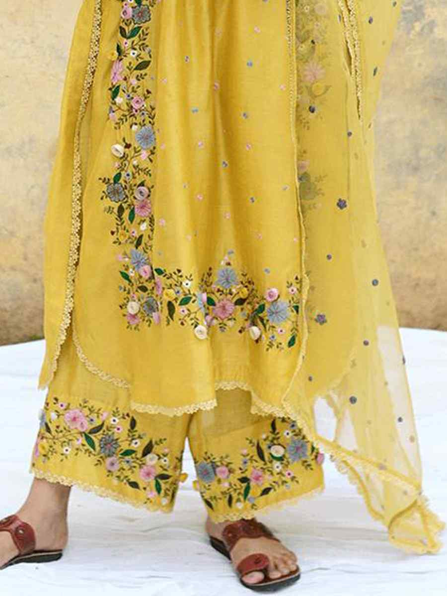 Yellow Heavy Faux Georgette Embroidered Party Wedding Ready Pant Salwar Kameez