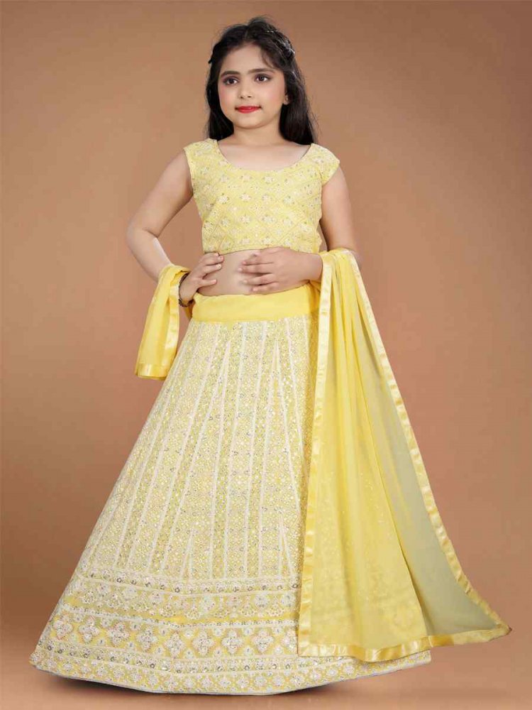 Yellow Heavy Faux Georgette Embroidered Wedding Festival Lehengas Girls Wear