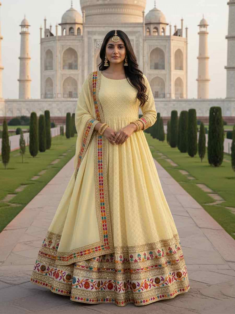 Image of Yellow Heavy Faux Georgette Embroidered Women Wear Festival Casual Wedding Gown Women Wear