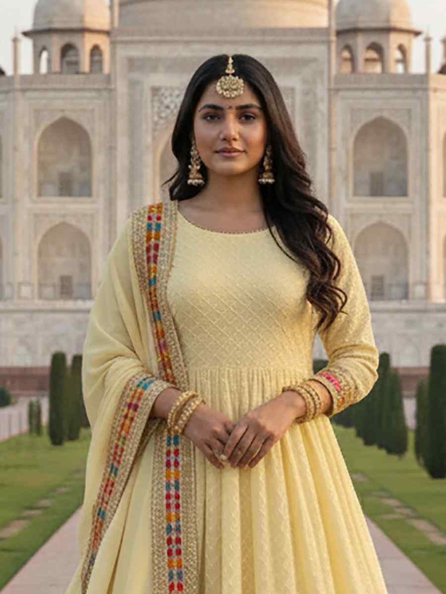 Yellow Heavy Faux Georgette Embroidered Women Wear Festival Casual Wedding Gown Women Wear