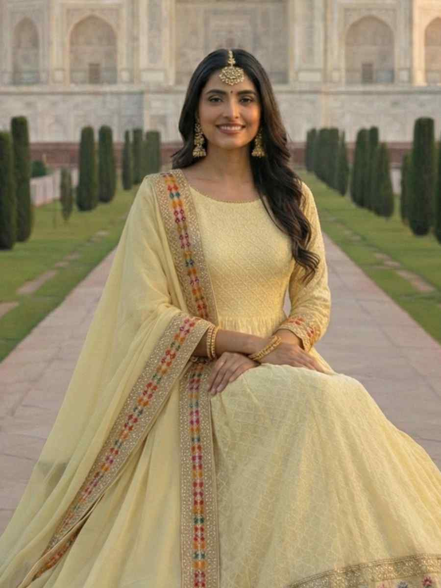Yellow Heavy Faux Georgette Embroidered Women Wear Festival Casual Wedding Gown Women Wear