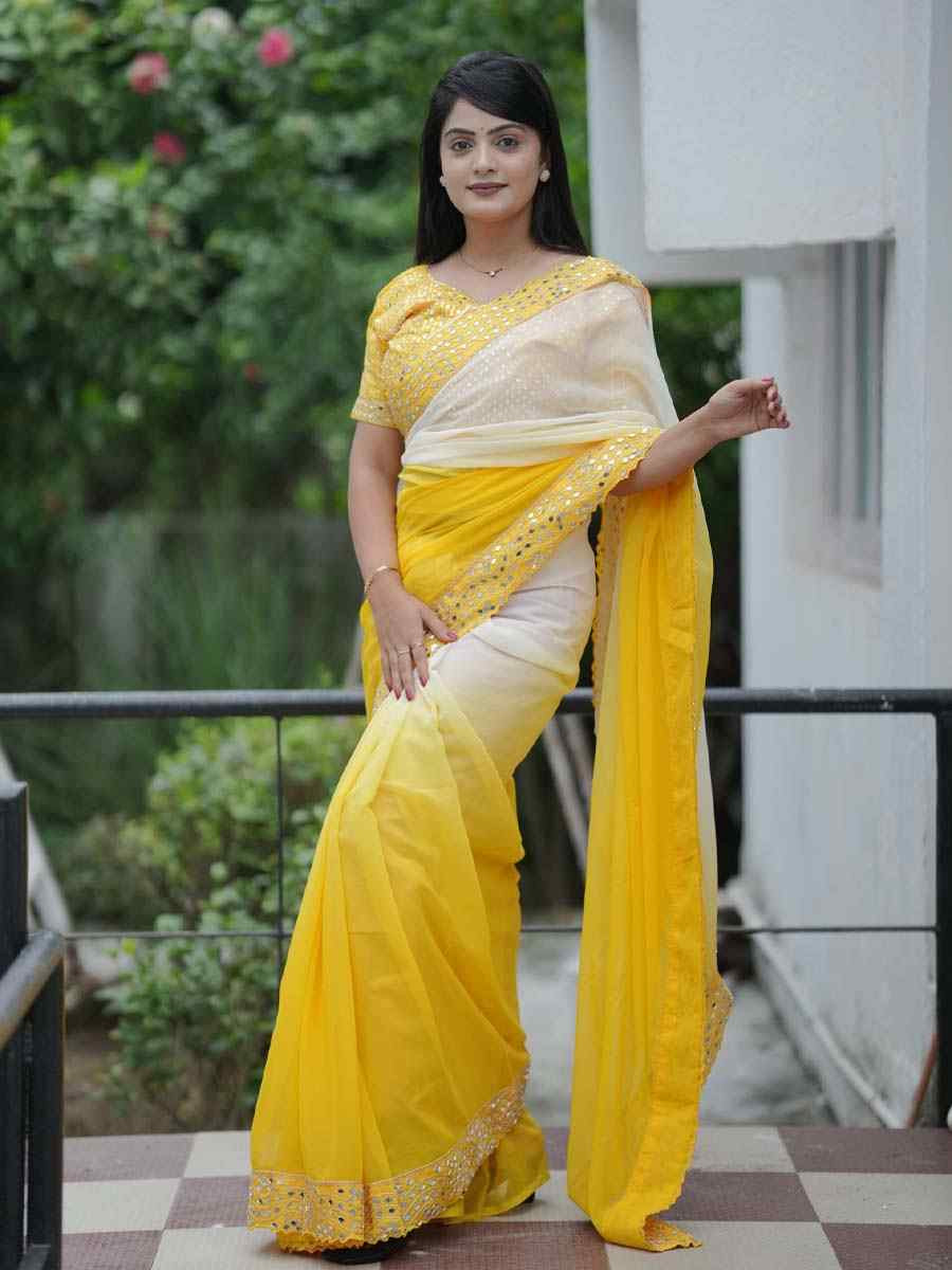 Yellow Heavy Faux Georgette Embroidery Bridal Festival Wedding Traditional Fancy Heavy Border Sarees