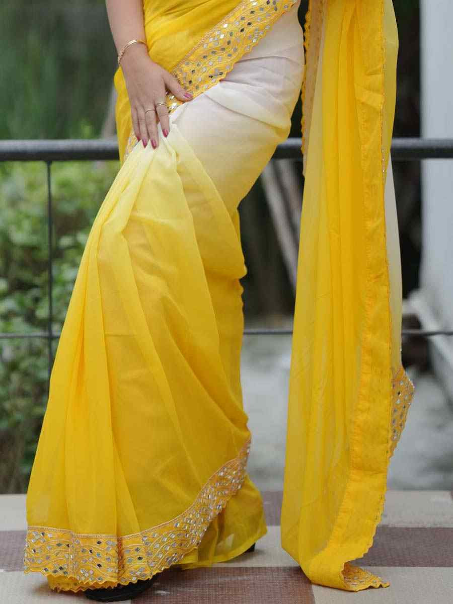 Yellow Heavy Faux Georgette Embroidery Bridal Festival Wedding Traditional Fancy Heavy Border Sarees