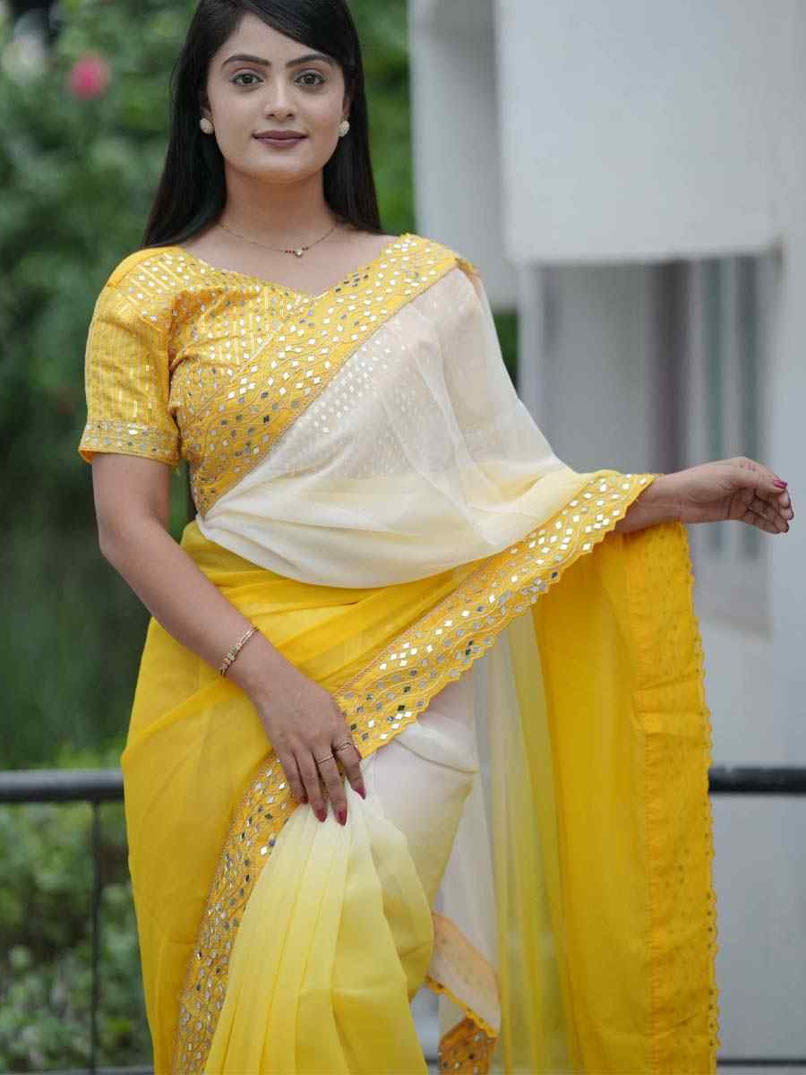 Yellow Heavy Faux Georgette Embroidery Bridal Festival Wedding Traditional Fancy Heavy Border Sarees