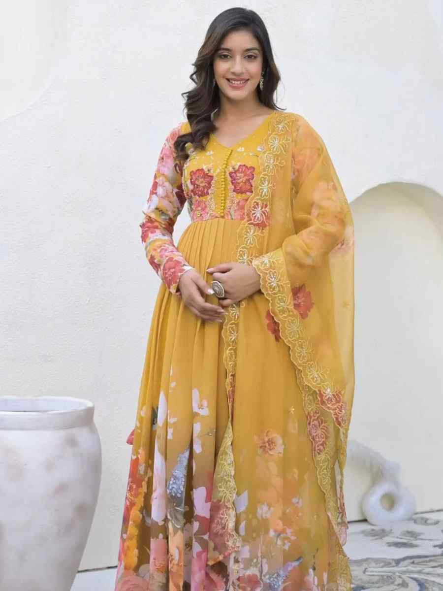 Yellow Heavy Faux Georgette Printed Embroidery Party Wedding Festival Casual Ready Anarkali Salwar Kameez