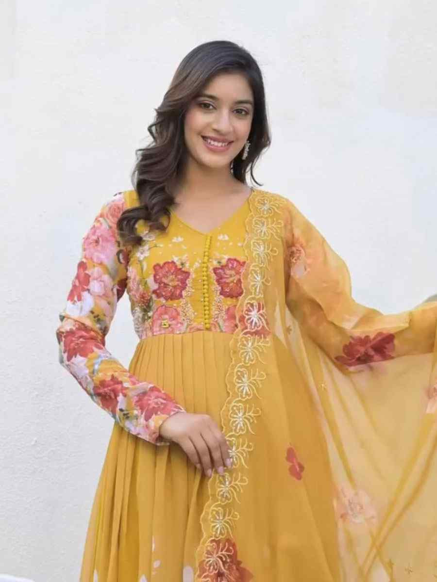 Yellow Heavy Faux Georgette Printed Embroidery Party Wedding Festival Casual Ready Anarkali Salwar Kameez