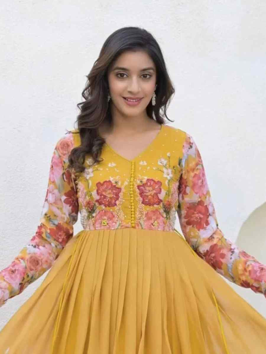 Yellow Heavy Faux Georgette Printed Embroidery Party Wedding Festival Casual Ready Anarkali Salwar Kameez