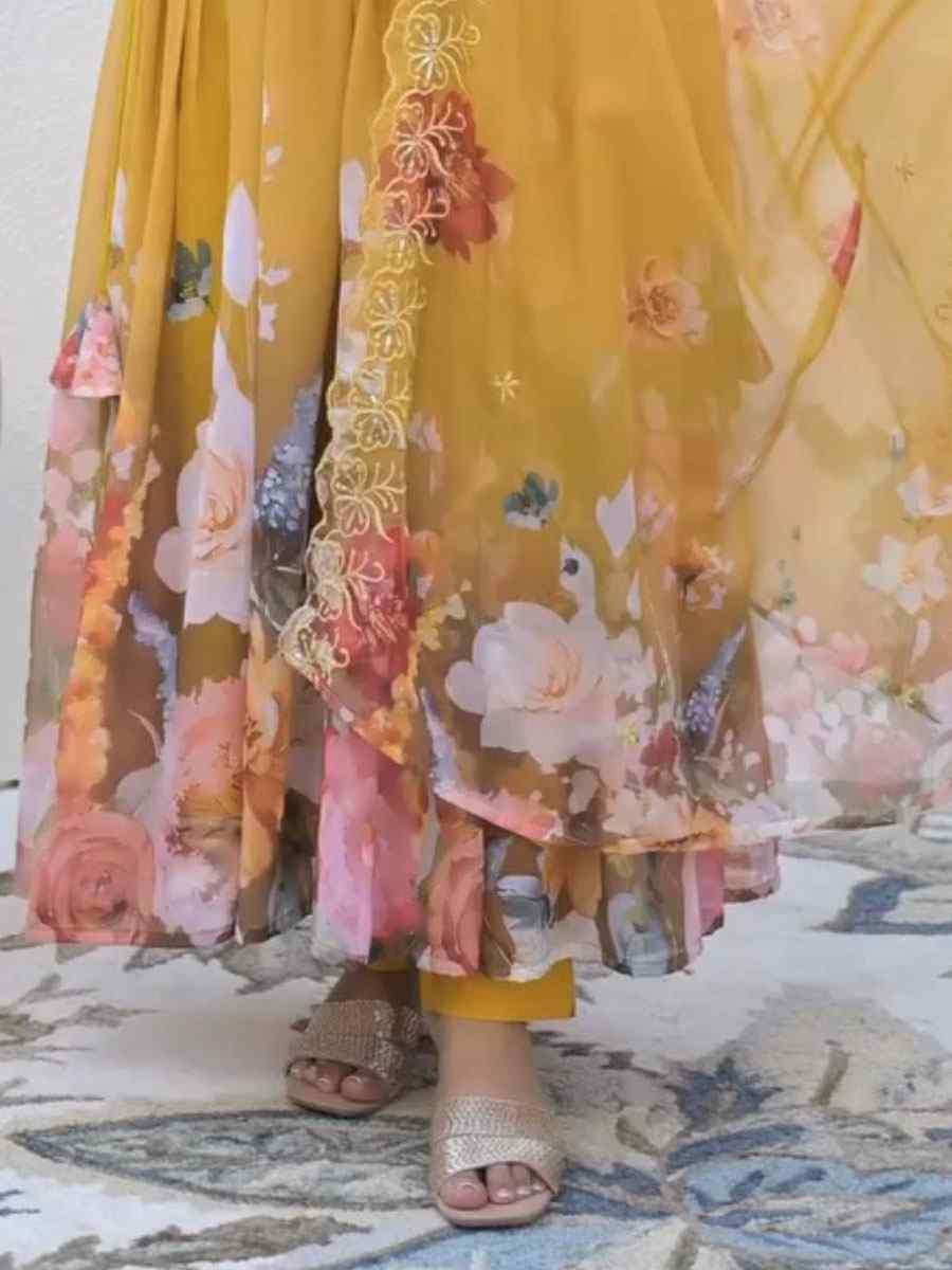 Yellow Heavy Faux Georgette Printed Embroidery Party Wedding Festival Casual Ready Anarkali Salwar Kameez