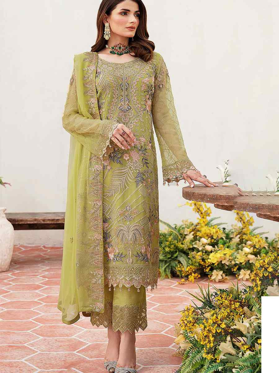 Yellow Heavy Fox Georgette Embroidered Festival Casual Pant Salwar Kameez