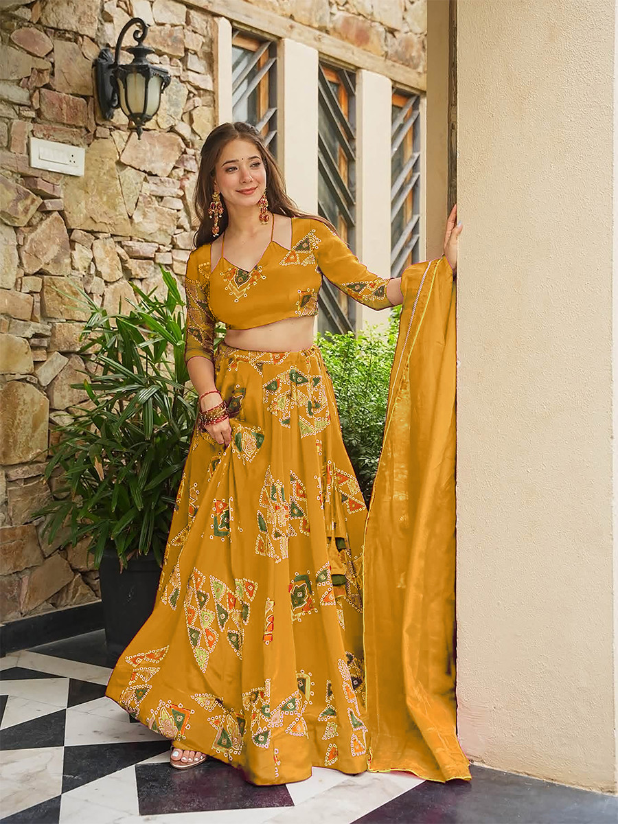 Yellow Heavy french crape silk Printed Wedding Reception Party Wear Festival Ready Circular Lehenga Choli