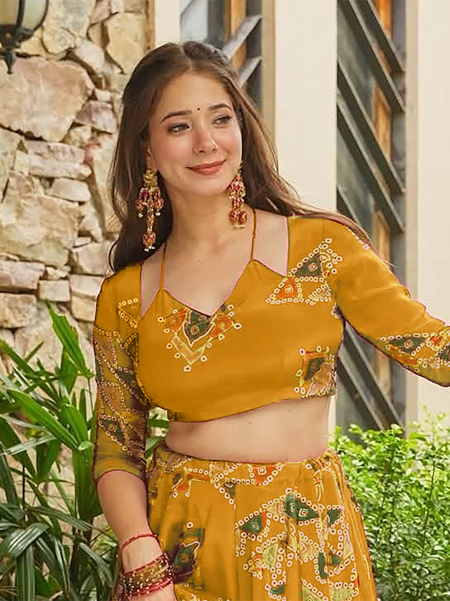 Yellow Heavy french crape silk Printed Wedding Reception Party Wear Festival Ready Circular Lehenga Choli
