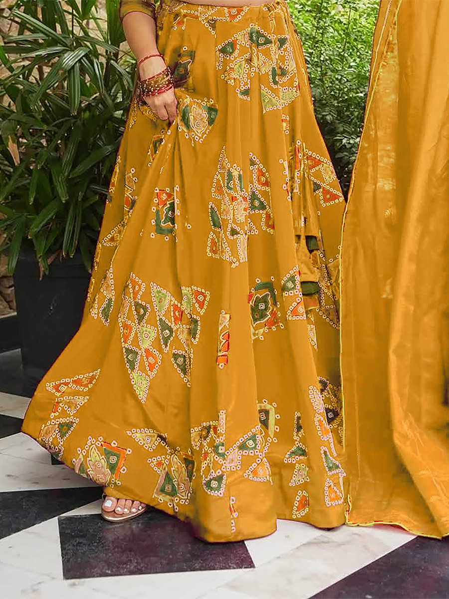 Yellow Heavy french crape silk Printed Wedding Reception Party Wear Festival Ready Circular Lehenga Choli