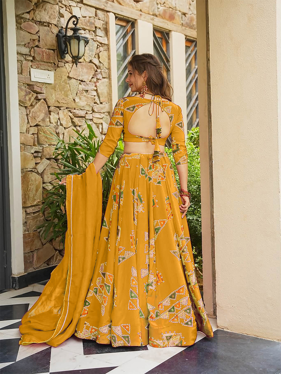 Yellow Heavy french crape silk Printed Wedding Reception Party Wear Festival Ready Circular Lehenga Choli