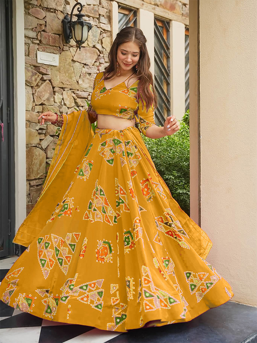 Yellow Heavy french crape silk Printed Wedding Reception Party Wear Festival Ready Circular Lehenga Choli