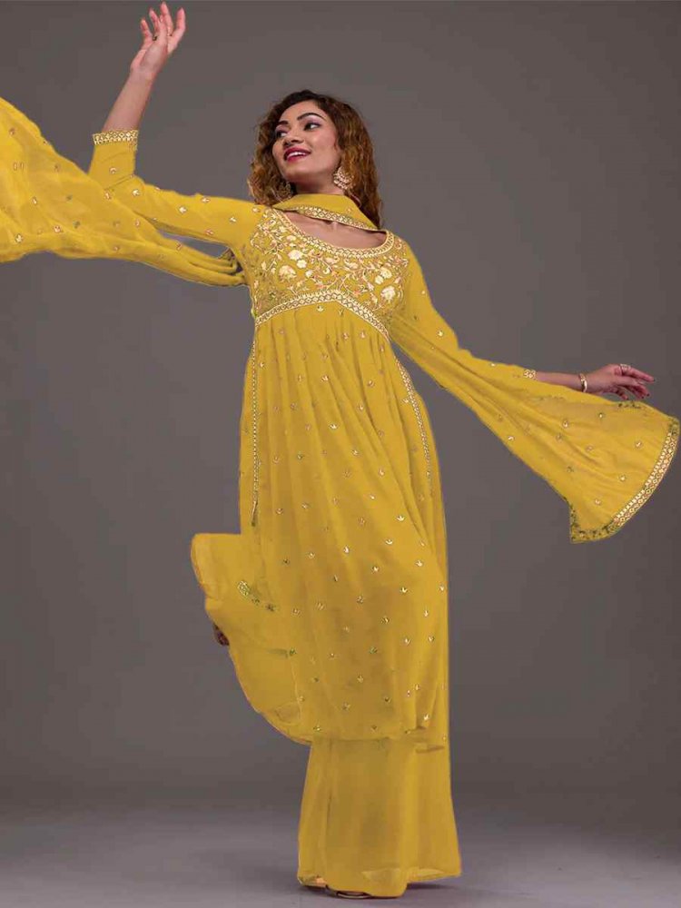 Yellow Heavy Georgette Embroidered Festival Mehendi Ready Sharara Pant Salwar Kameez