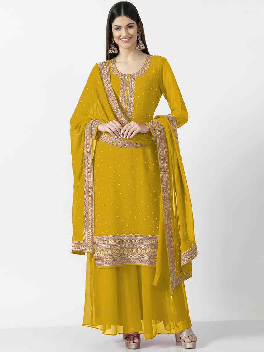 Yellow Heavy Georgette Embroidered Festival Party Ready Palazzo Pant Salwar Kameez