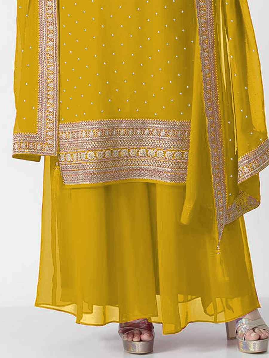 Yellow Heavy Georgette Embroidered Festival Party Ready Palazzo Pant Salwar Kameez