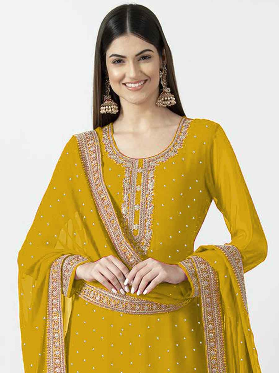 Yellow Heavy Georgette Embroidered Festival Party Ready Palazzo Pant Salwar Kameez