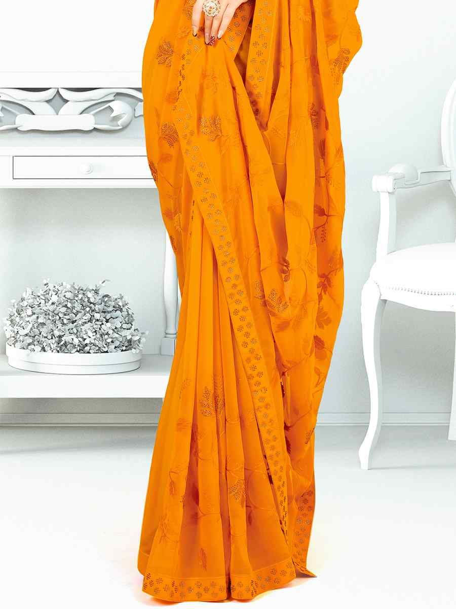 Yellow Heavy Georgette Embroidered Wedding Festival Classic Style Saree