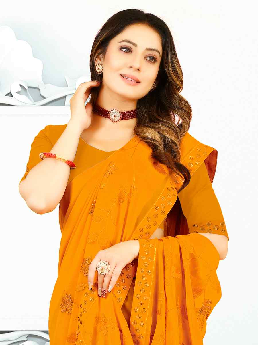 Yellow Heavy Georgette Embroidered Wedding Festival Classic Style Saree