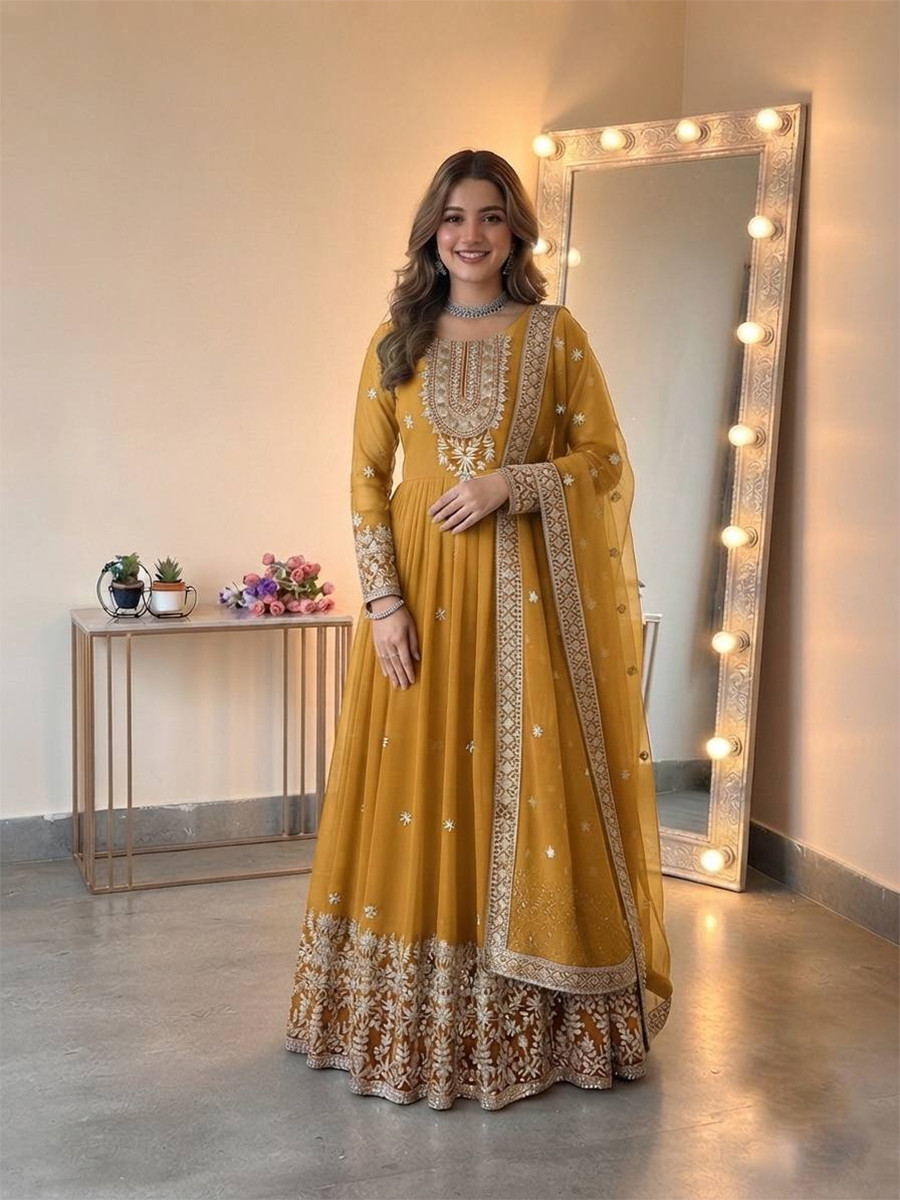 Yellow Heavy Georgette Embroidery Sequins Wedding Party Festival Casual Ready Anarkali Pant Salwar Kameez
