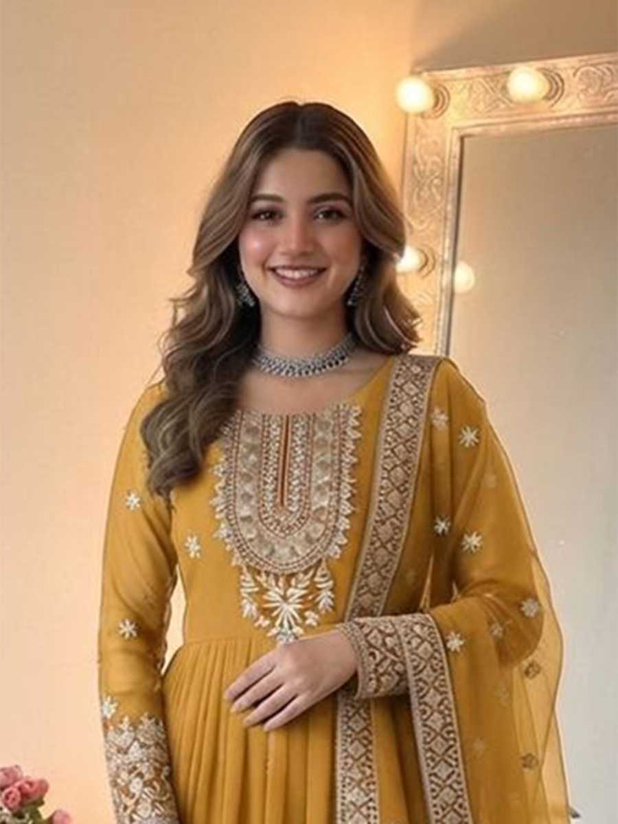 Yellow Heavy Georgette Embroidery Sequins Wedding Party Festival Casual Ready Anarkali Pant Salwar Kameez