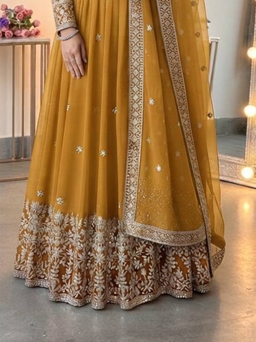 Yellow Heavy Georgette Embroidery Sequins Wedding Party Festival Casual Ready Anarkali Pant Salwar Kameez