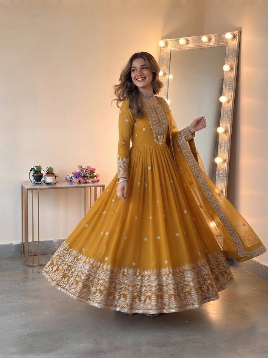 Yellow Heavy Georgette Embroidery Sequins Wedding Party Festival Casual Ready Anarkali Pant Salwar Kameez