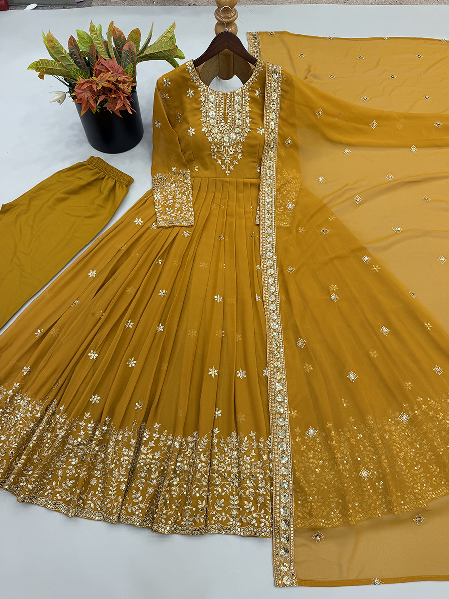 Yellow Heavy Georgette Embroidery Sequins Wedding Party Festival Casual Ready Anarkali Pant Salwar Kameez