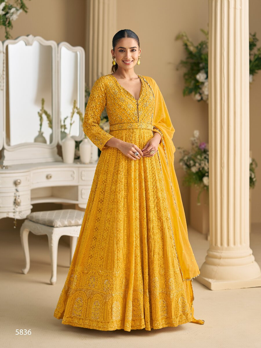 Yellow Heavy Georgette Embroidery Wedding Party Festival Casual Ready Anarkali Salwar Kameez