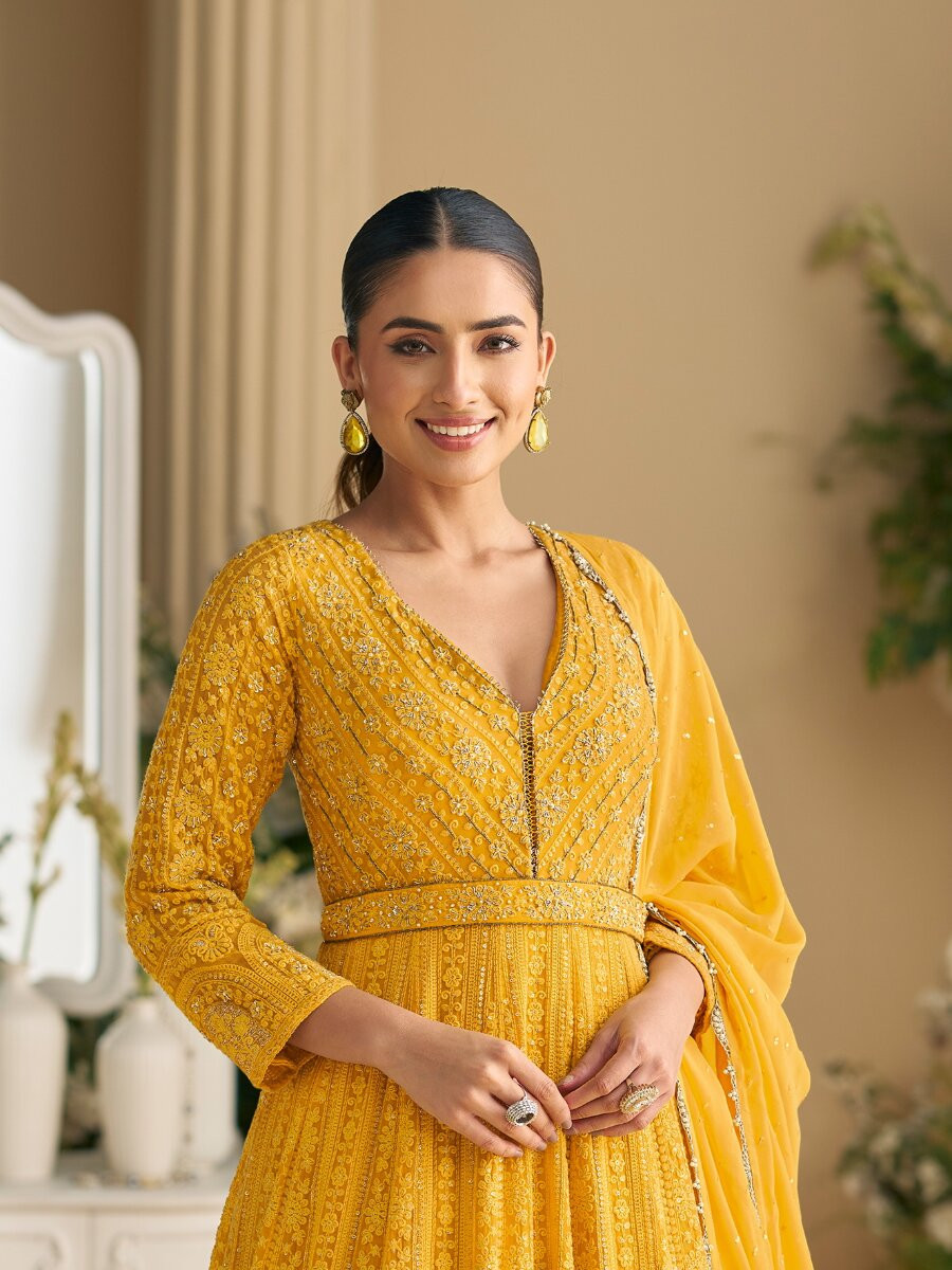 Yellow Heavy Georgette Embroidery Wedding Party Festival Casual Ready Anarkali Salwar Kameez