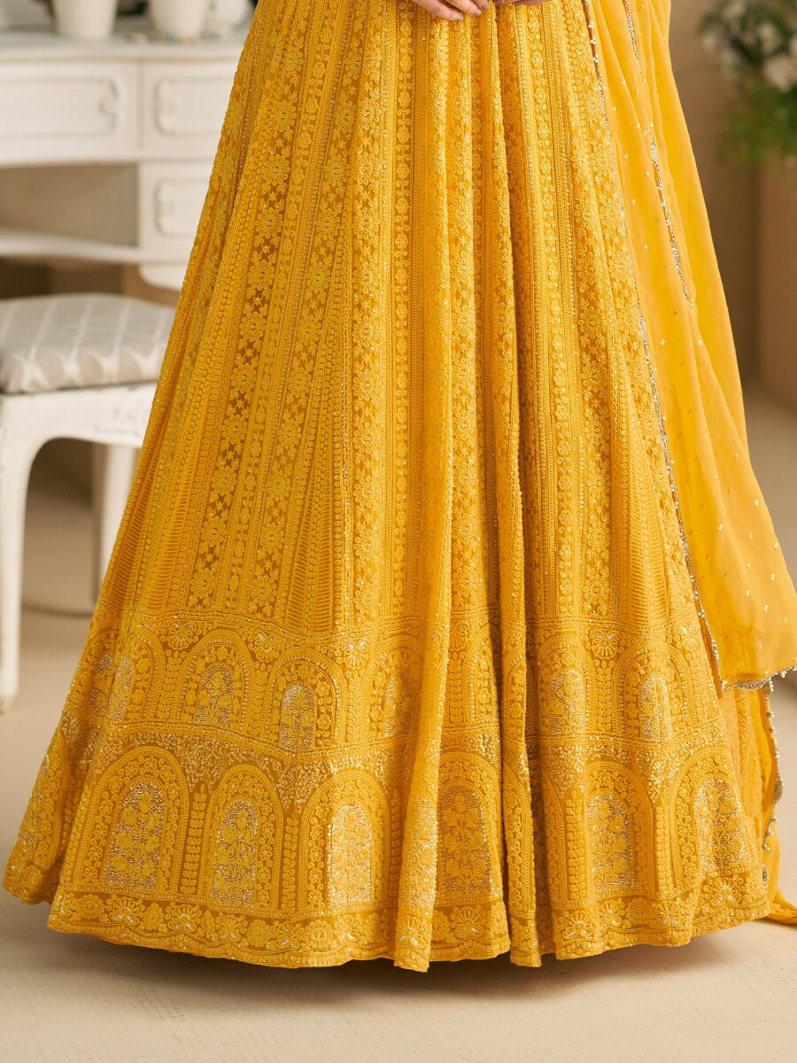 Yellow Heavy Georgette Embroidery Wedding Party Festival Casual Ready Anarkali Salwar Kameez
