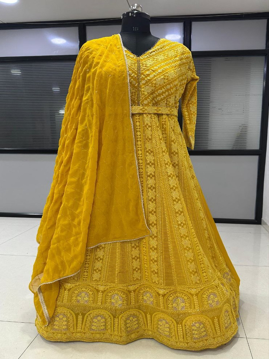 Yellow Heavy Georgette Embroidery Wedding Party Festival Casual Ready Anarkali Salwar Kameez