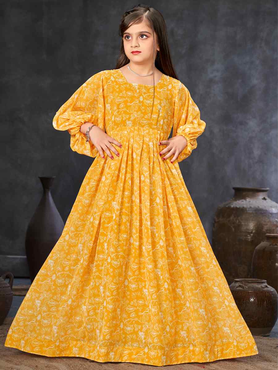Yellow Heavy Georgette Printed Casual Festival Salwars Girls Wear