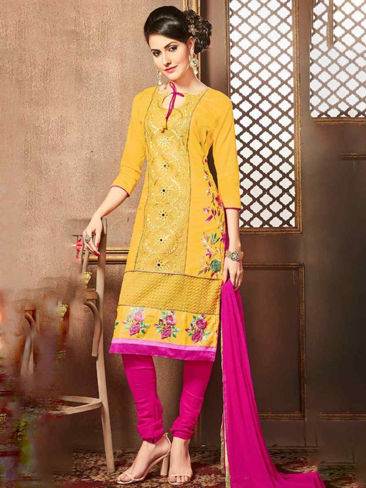 Yellow Heavy Glass Cotton Embroidered Casual Festival Churidar Salwar Kameez