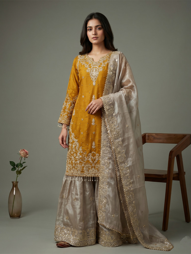 Image of Yellow Heavy Gmy Silk Embroidery Sequins Rivet Moti Work Wedding Party Festival Casual Ready Sharara Pant Salwar Kameez