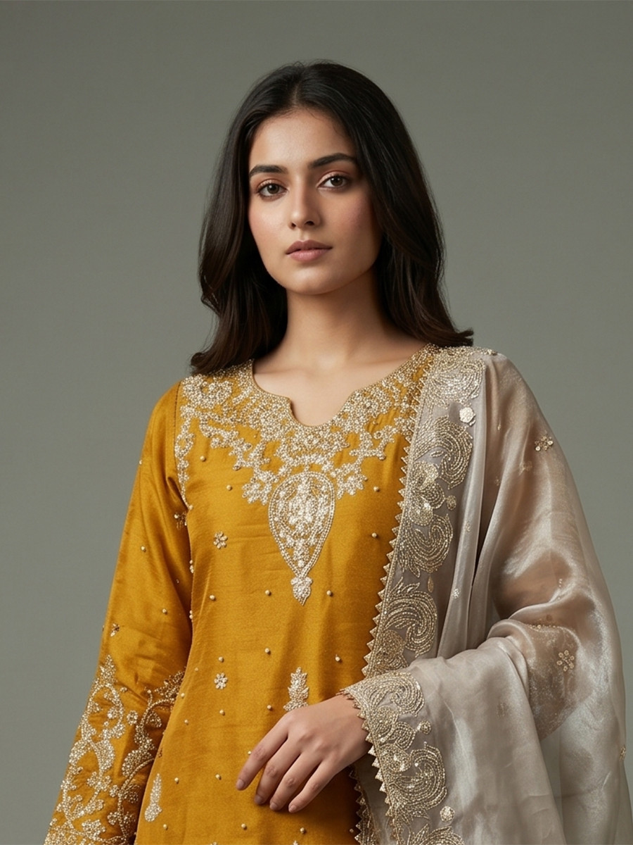 Yellow Heavy Gmy Silk Embroidery Sequins Rivet Moti Work Wedding Party Festival Casual Ready Sharara Pant Salwar Kameez