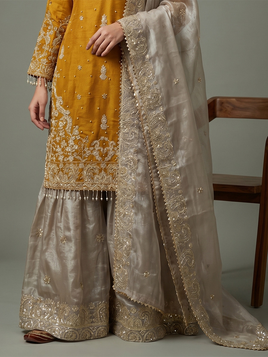 Yellow Heavy Gmy Silk Embroidery Sequins Rivet Moti Work Wedding Party Festival Casual Ready Sharara Pant Salwar Kameez