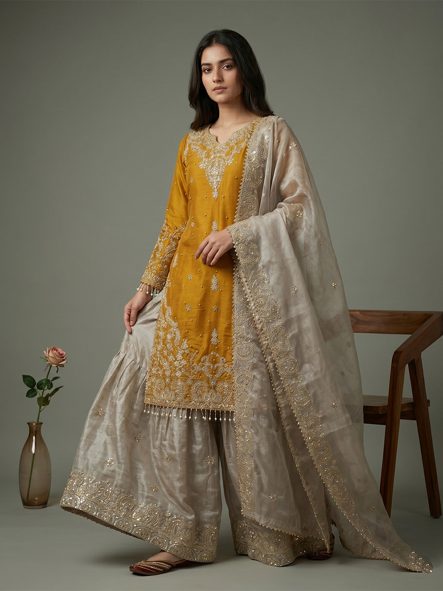 Yellow Heavy Gmy Silk Embroidery Sequins Rivet Moti Work Wedding Party Festival Casual Ready Sharara Pant Salwar Kameez
