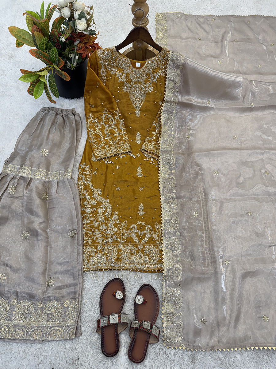 Yellow Heavy Gmy Silk Embroidery Sequins Rivet Moti Work Wedding Party Festival Casual Ready Sharara Pant Salwar Kameez