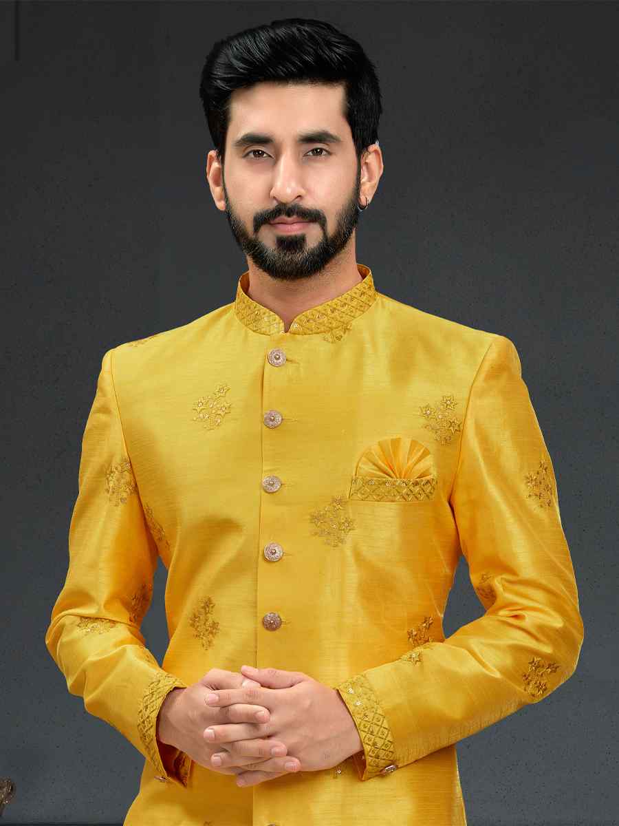 Yellow Heavy Imported Silk Woven Groom Wedding Sherwani