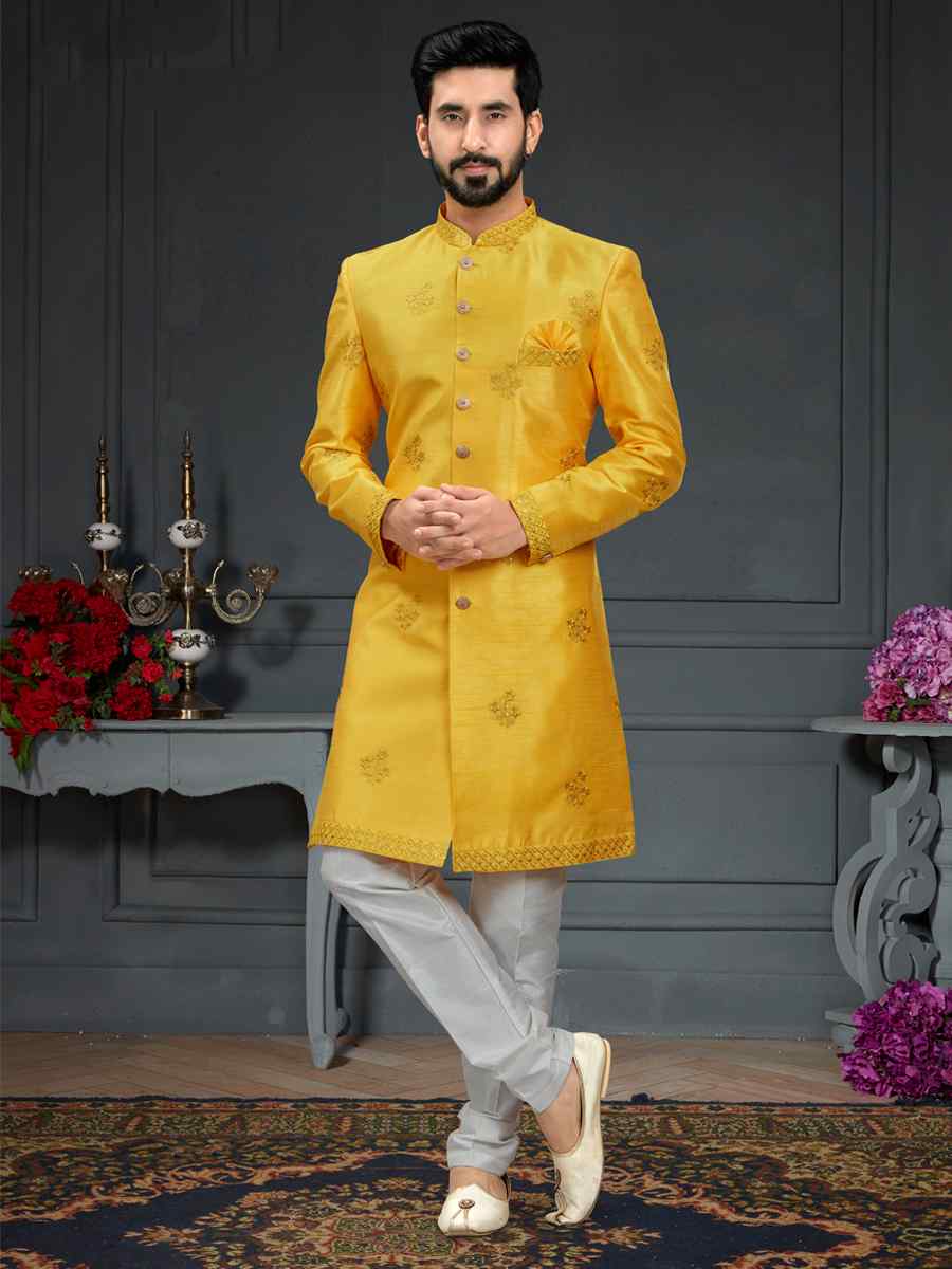 Yellow Heavy Imported Silk Woven Groom Wedding Sherwani