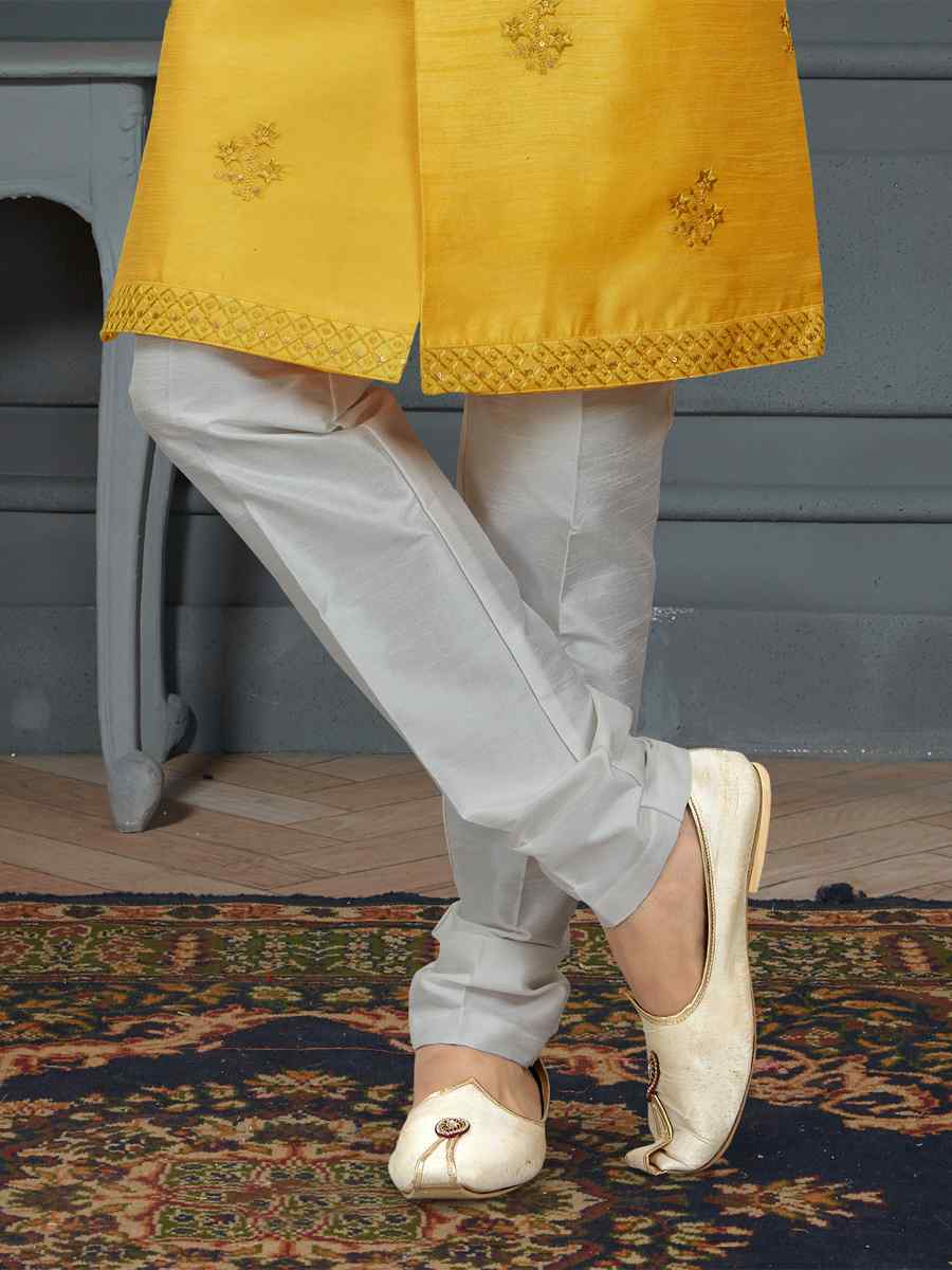 Yellow Heavy Imported Silk Woven Groom Wedding Sherwani