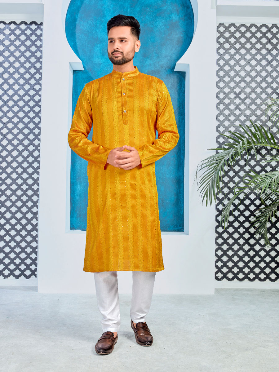 Yellow Heavy Jacquard Silk Woven Festival Party Kurta